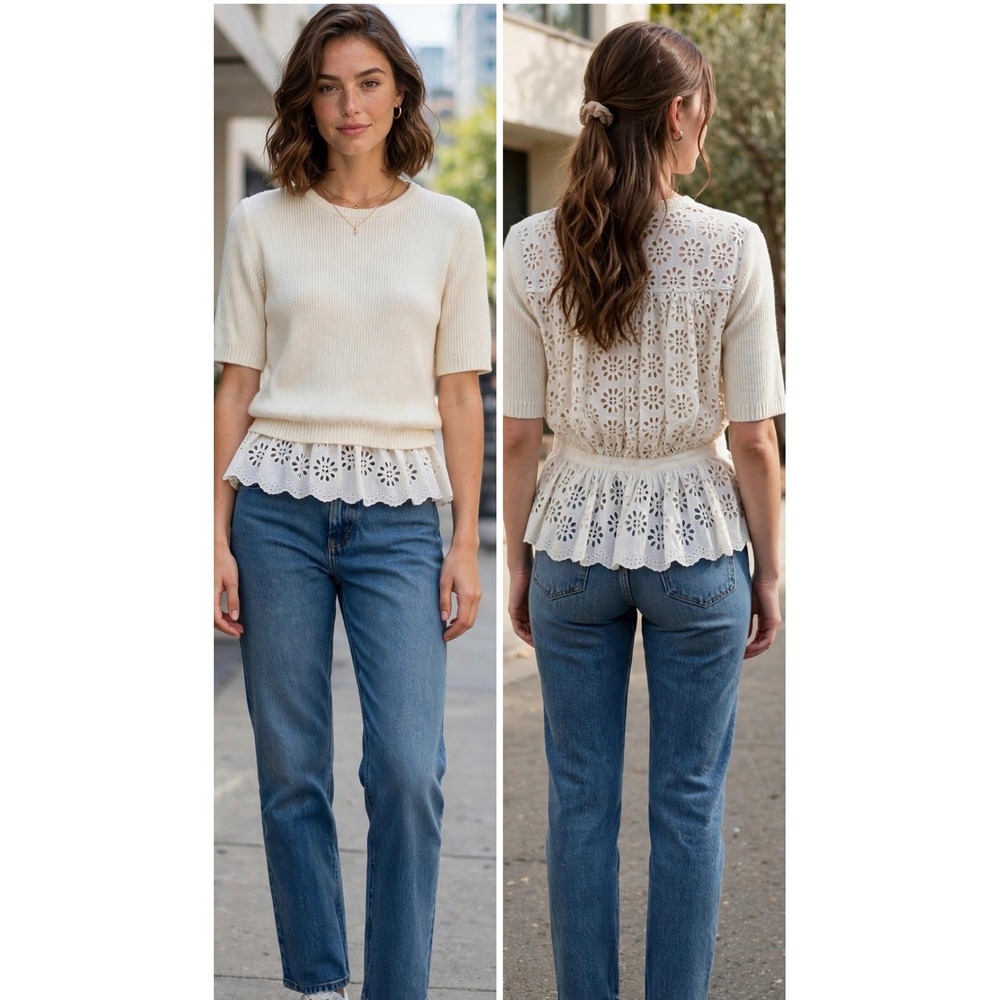 Sea New York Merino Wool Ribbed Knit Eyelet Lace Back Peplum Top Cream Medium